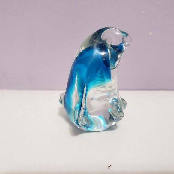 Penguin Art Glass Blue /Clear Figurine Paperweight Home Office Decor 3"×2.5" - Picture 3 of 10